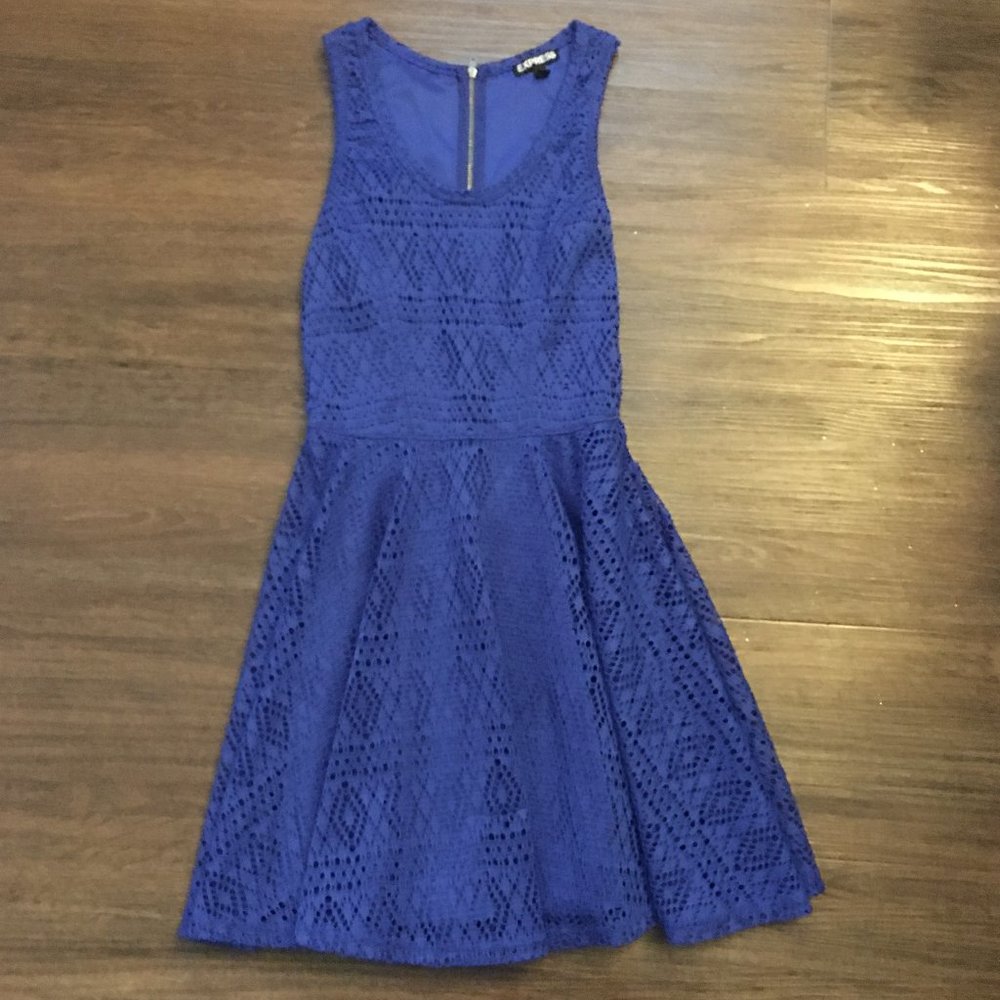 Express Blue Geometric Lace Skater Dress